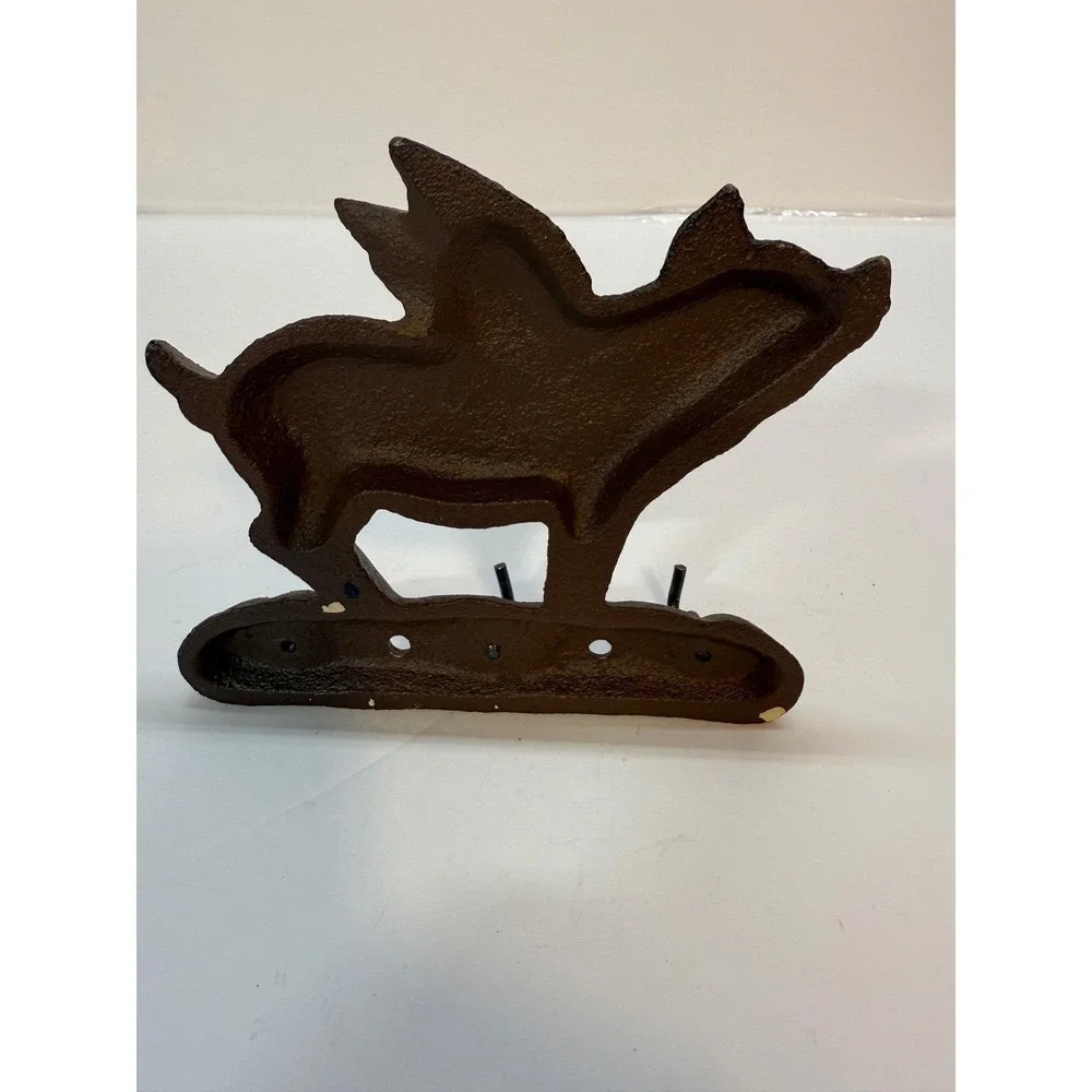 Cast‎ Iron Flying Pig Wall Hook Rack Rustic Brown Farmhouse Decor 2 Hooks 6.5in